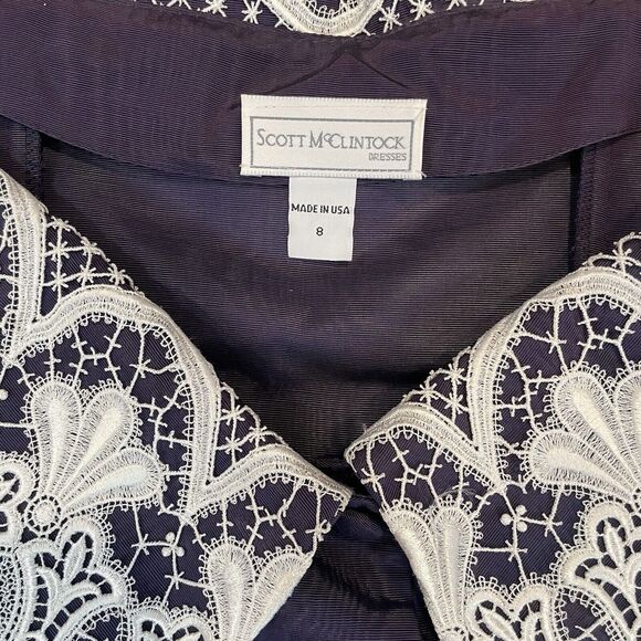 VTG 80s 90s Scott McClintock 2 Piece Skirt Suit Sz 8 Purple Taffeta Lace Collar - Picture 2 of 15